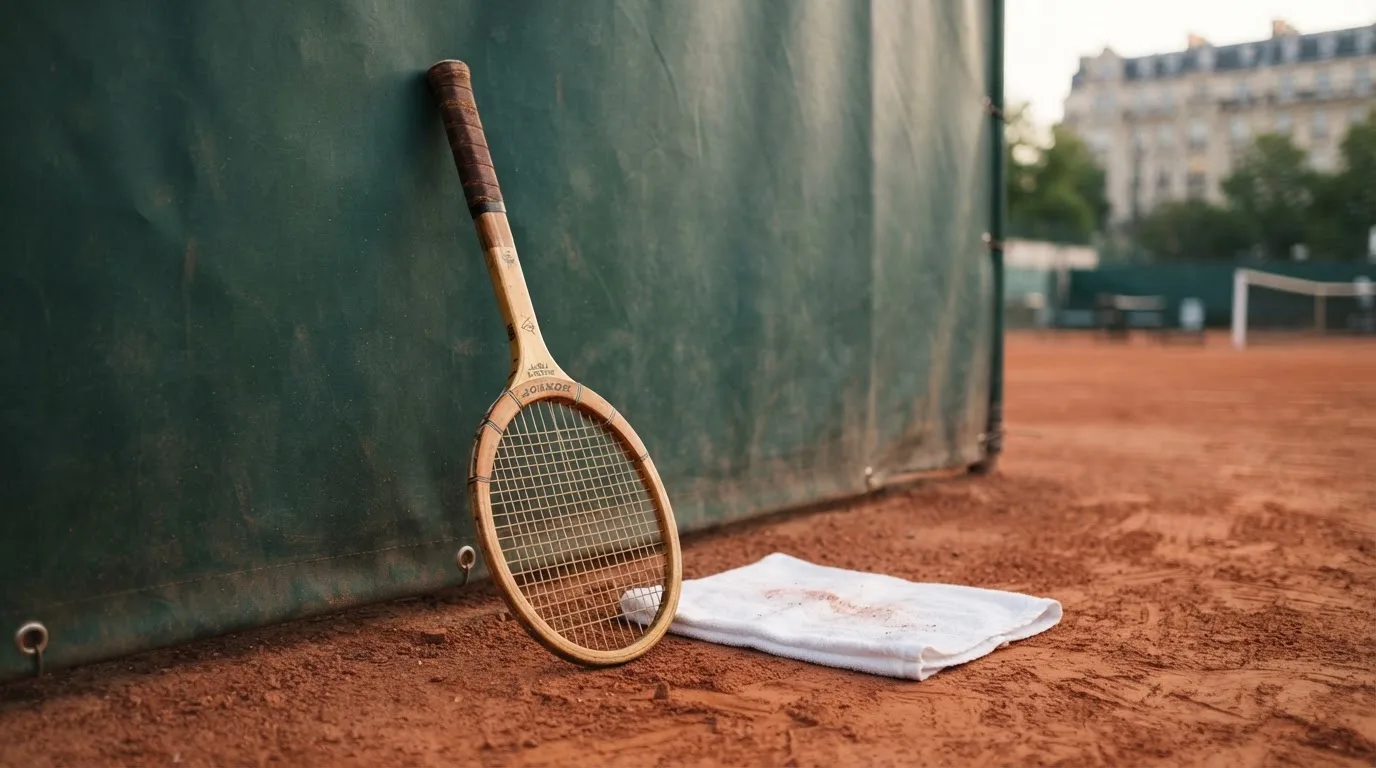 Ein Tennisschläger lehnt an einer dunkelgrünen Bande ohne Aufschrift auf einem Sandplatz, daneben liegt ein Handtuch.