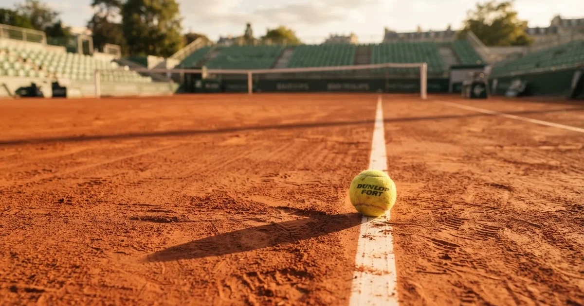 Ein Sandplatz mit rötlichem Belag und gezogenen weißen Linien, ein einzelner Tennisball liegt neben der Linie, im Hintergrund eine leere Tribüne.