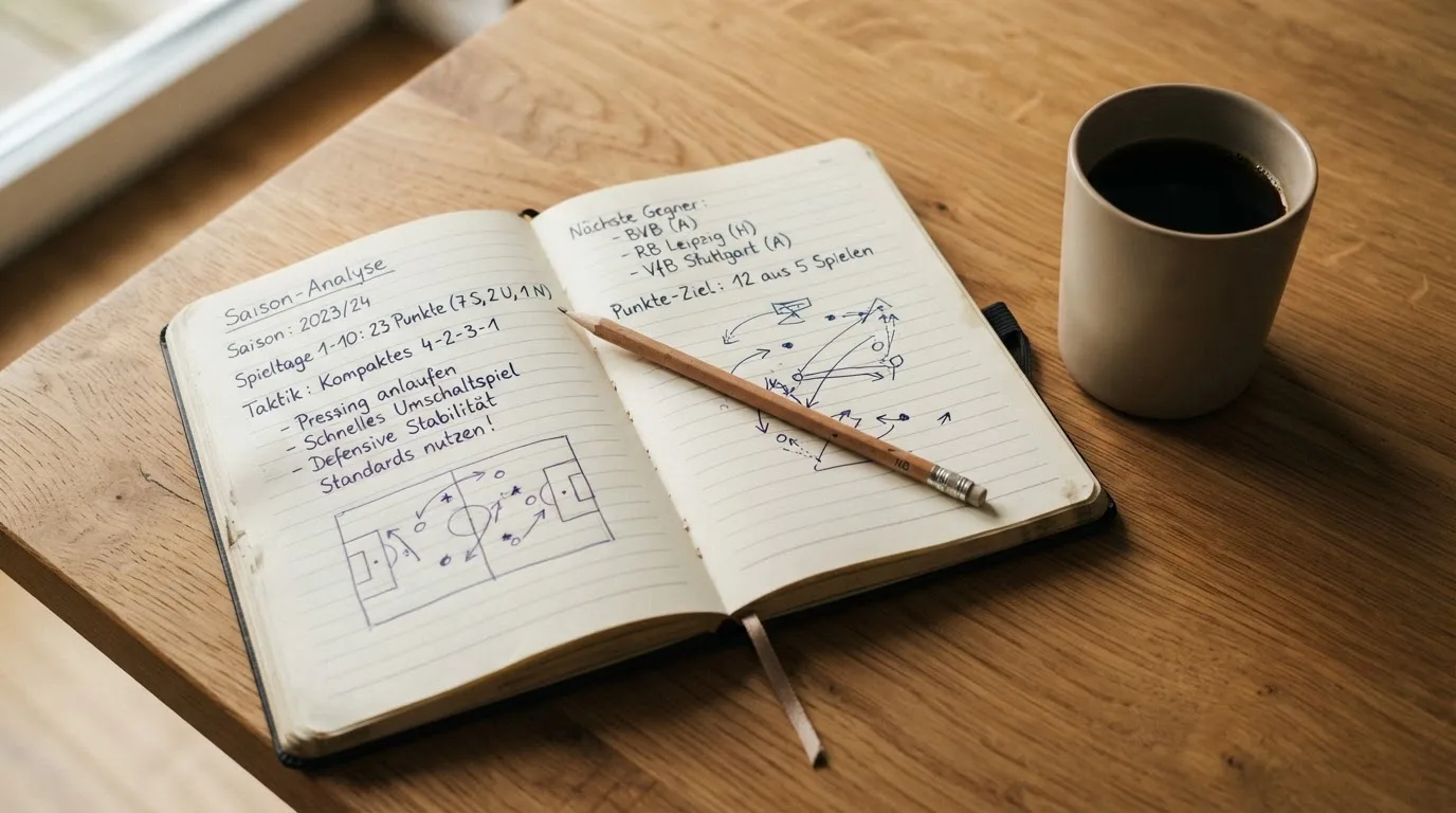 Ein aufgeschlagenes Notizbuch mit handschriftlichen Skizzen liegt neben einem Bleistift auf einem Holztisch, daneben eine Tasse Kaffee.