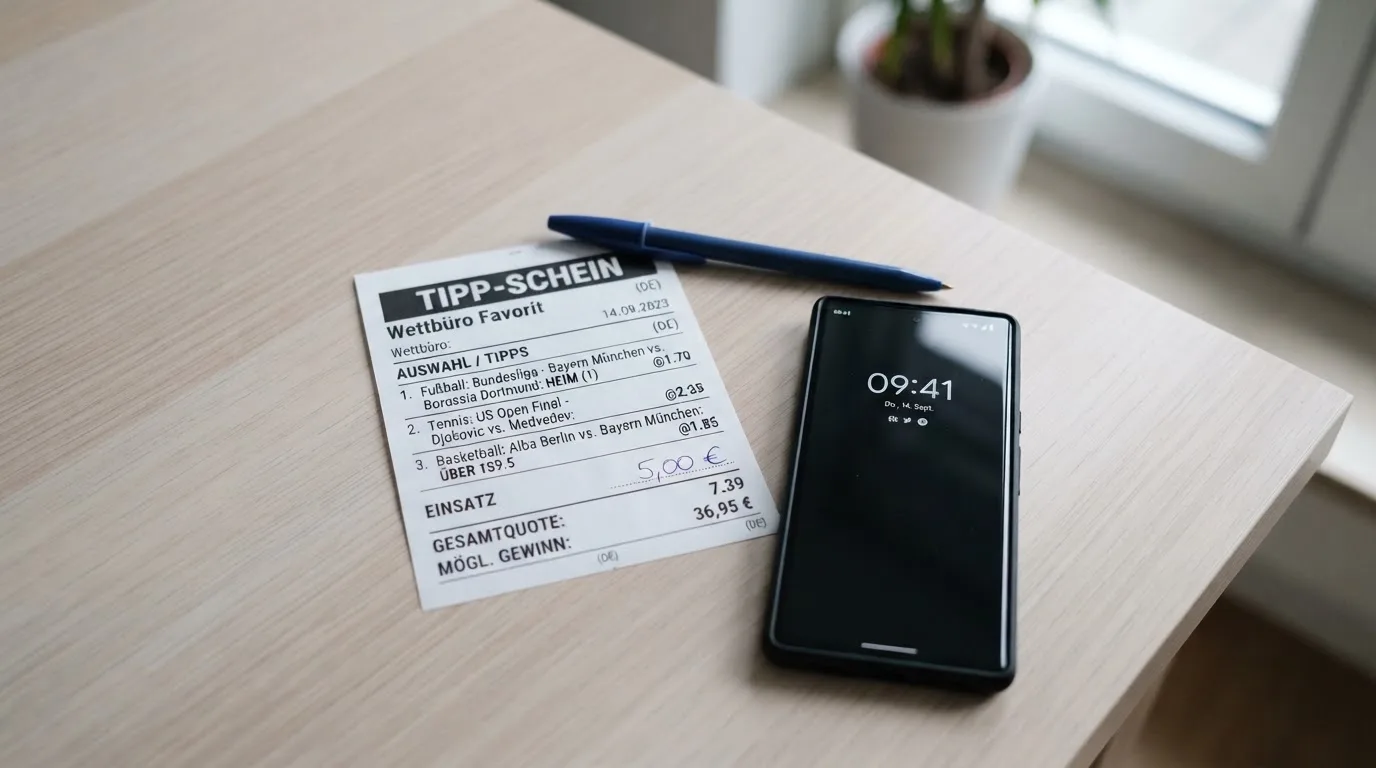 Ein leerer Papier-Wettschein liegt neben einem Smartphone mit dunklem Display auf einer hellen Tischplatte, daneben ein Kugelschreiber.