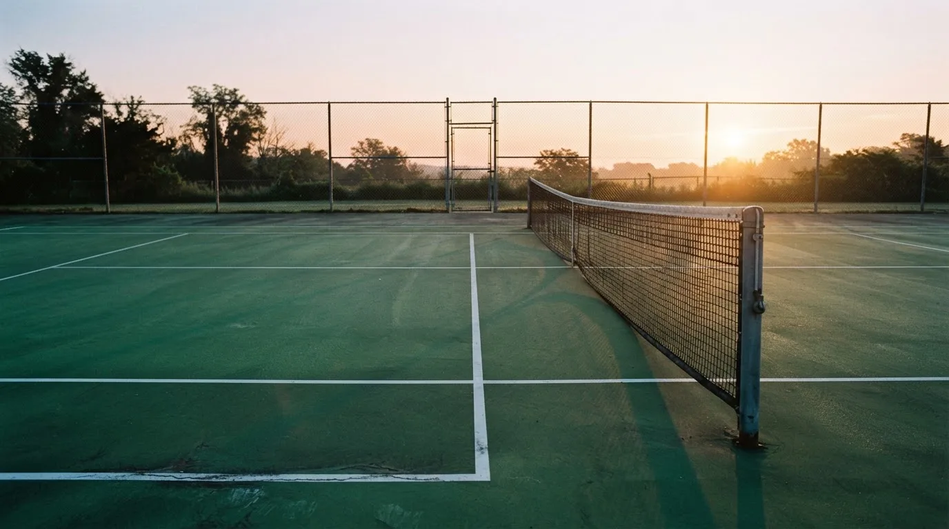 Ein Tennisplatz bei Sonnenaufgang, Netz und Grundlinien im weichen Licht, niemand ist zu sehen.