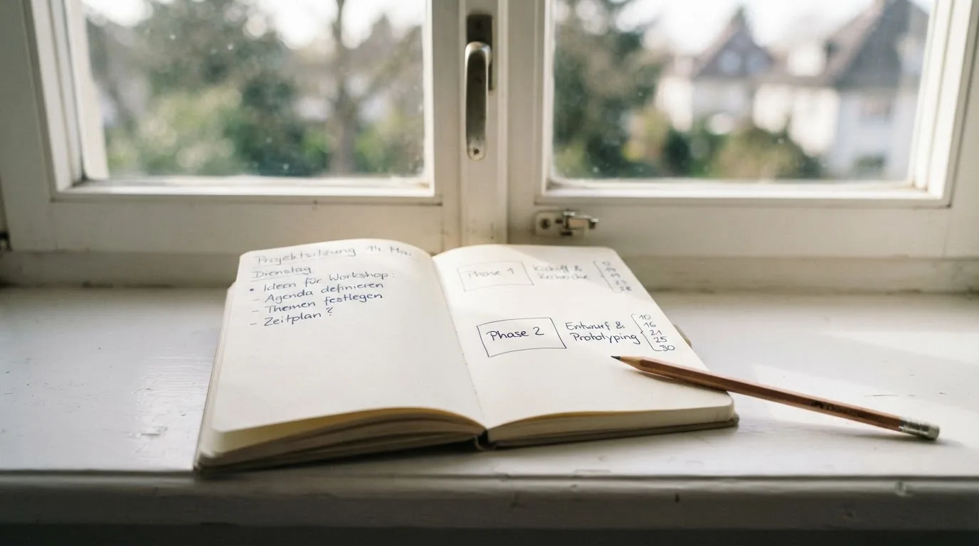 Ein aufgeschlagenes Notizbuch mit handschriftlichen Skizzen und ein Bleistift liegen auf einer Fensterbank im Tageslicht.