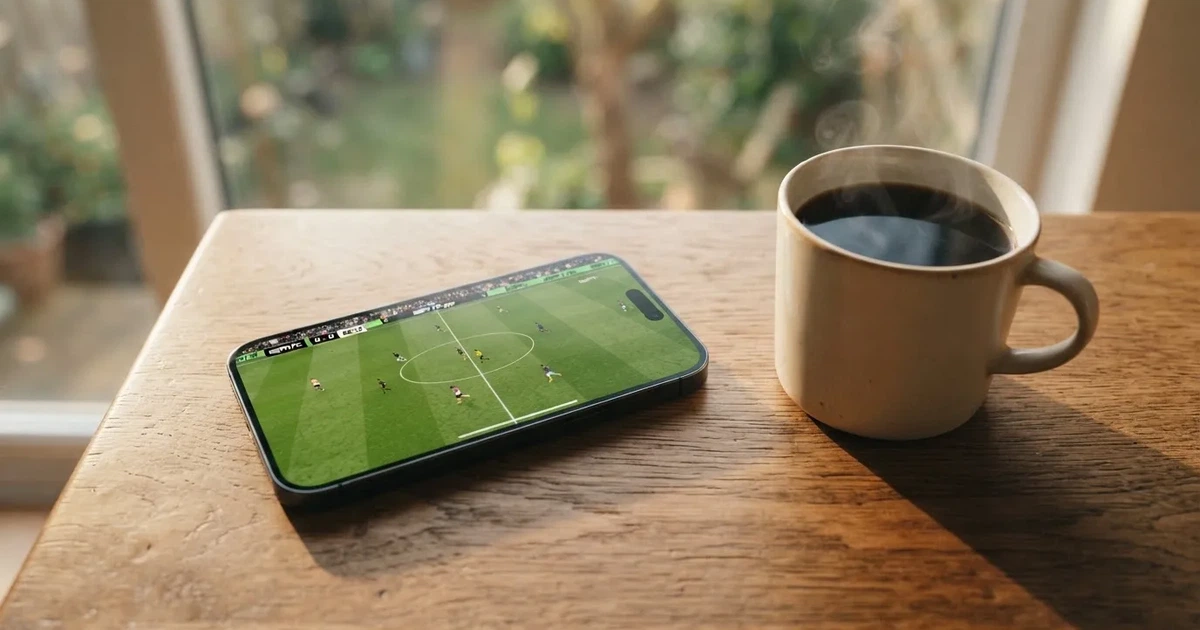 Ein Smartphone mit dunklem Display liegt auf einem Holztisch neben einer Tasse Kaffee, im Hintergrund ein unscharfes Fenster.