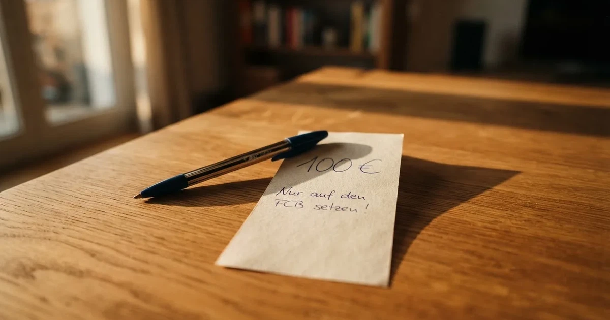 Ein leerer Papier-Wettschein und ein Kugelschreiber liegen auf einem Holztisch, daneben ein kleiner Stapel Münzen im Morgenlicht.