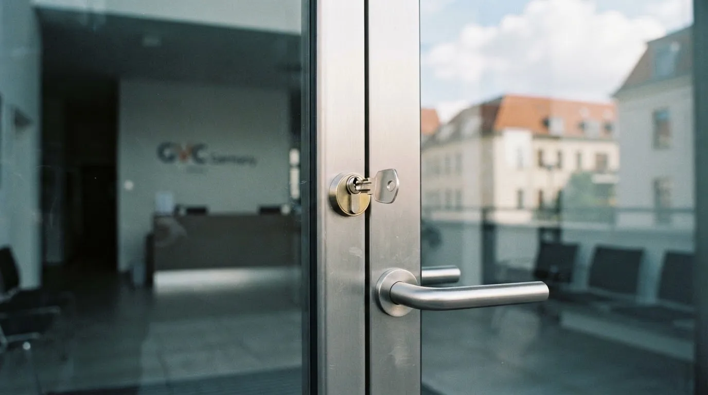 Ein Schlüssel steckt im Schloss einer geschlossenen Glastür eines Bürogebäudes, der Himmel spiegelt sich im Glas.