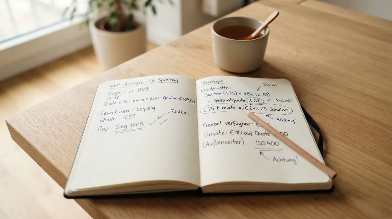 Ein aufgeschlagenes Notizbuch mit handschriftlichen Skizzen und ein Bleistift liegen auf einem Schreibtisch neben einer Tasse Tee.