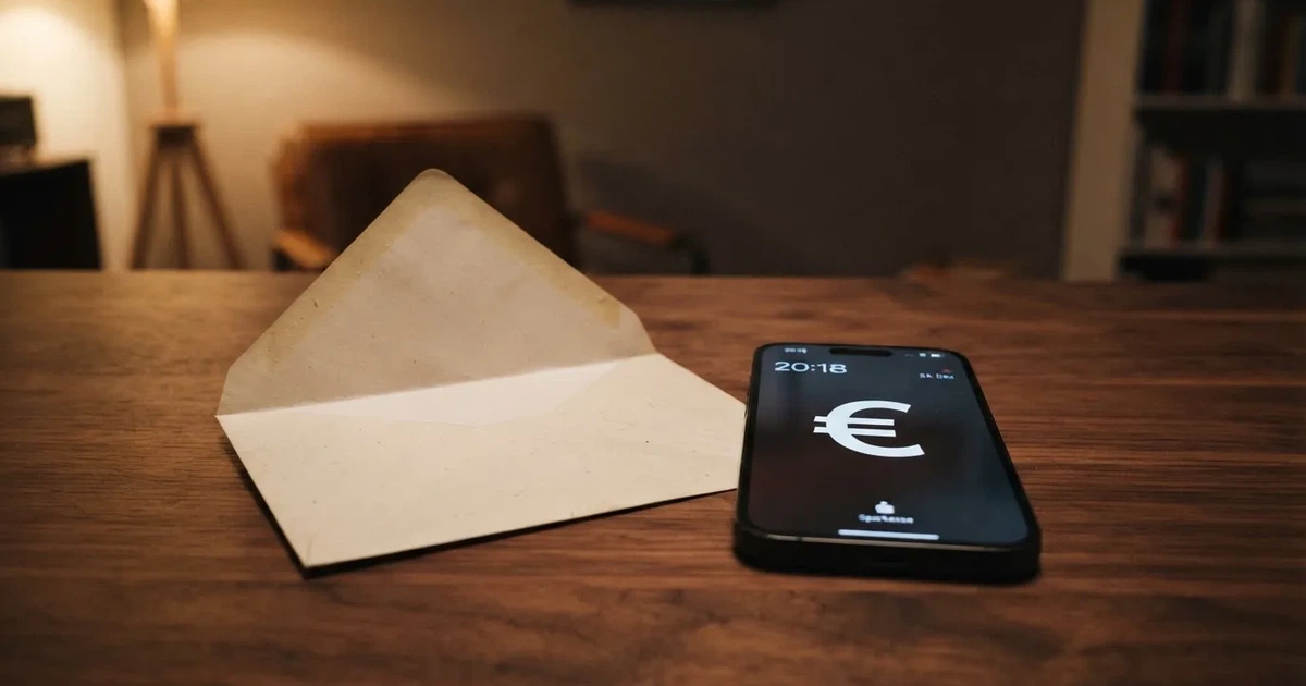 Ein leerer Umschlag und eine Münze liegen auf einer Tischplatte neben einem Smartphone mit dunklem Display.