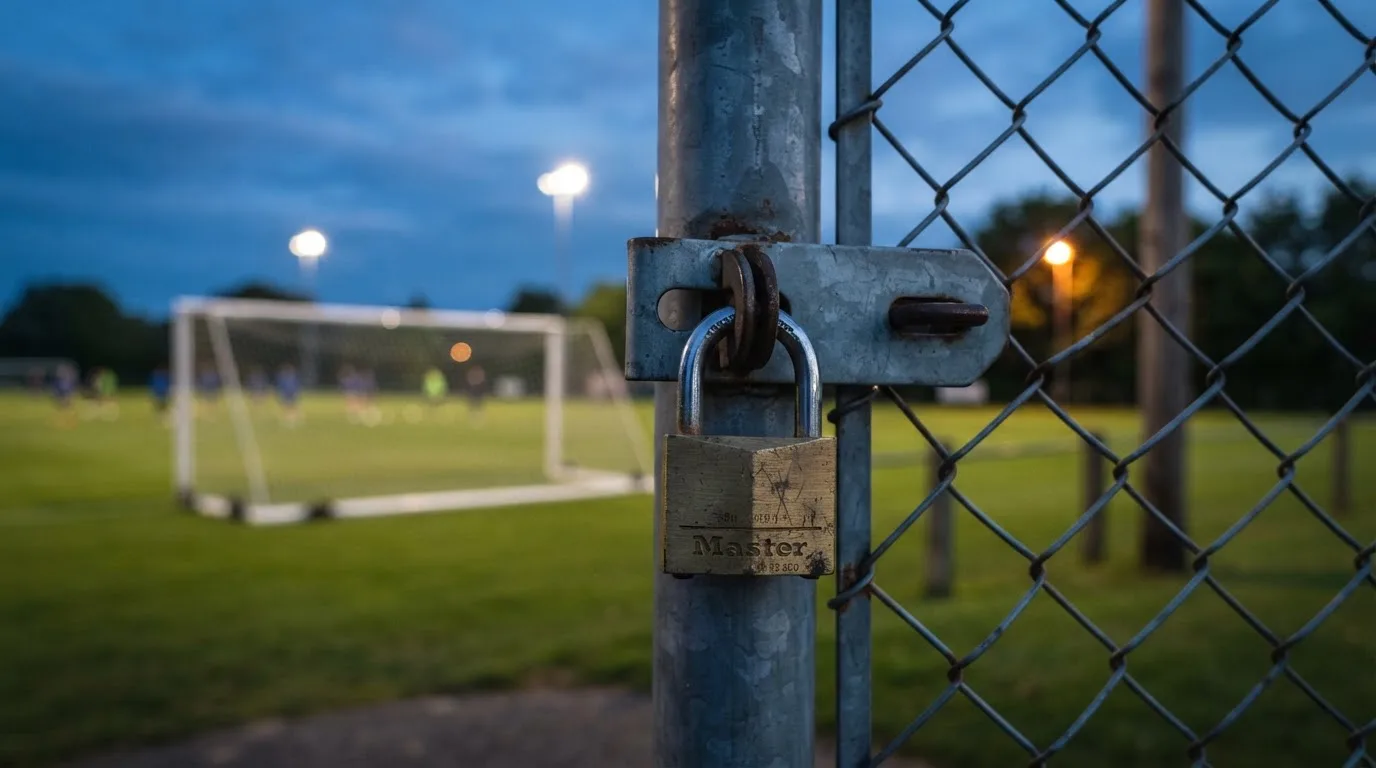 Ein Vorhängeschloss hängt an einem Metalltor in der Dämmerung, im Hintergrund unscharf ein Fußballplatz.