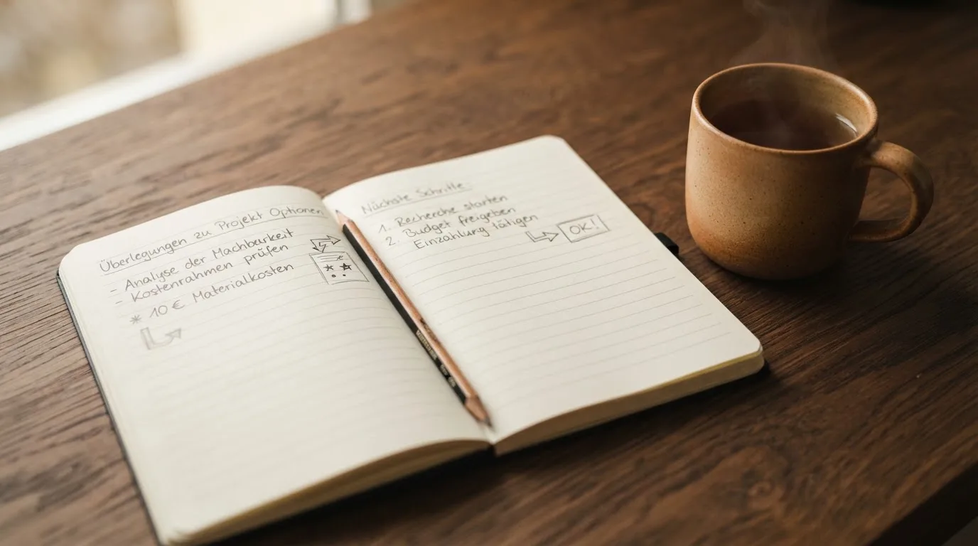 Ein Notizbuch mit handschriftlichen Skizzen und ein Bleistift liegen auf einem Schreibtisch neben einer Tasse Tee.