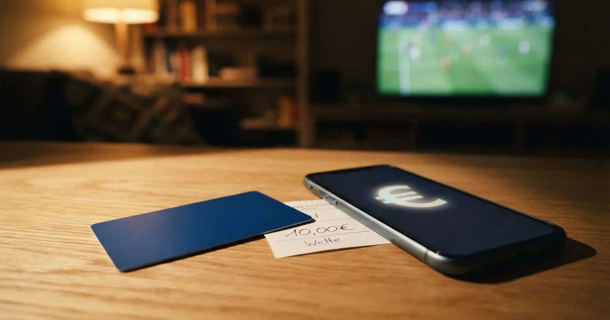 Eine Plastikkarte ohne Aufdruck liegt neben Münzen und einem Smartphone mit dunklem Display auf einem hellen Tisch.