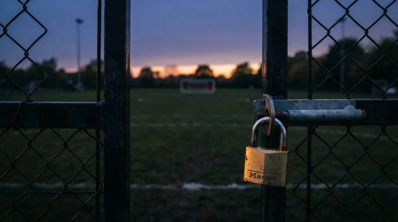 Ein Vorhängeschloss hängt an einem Metalltor in der Dämmerung, im Hintergrund unscharf ein leerer Fußballplatz.