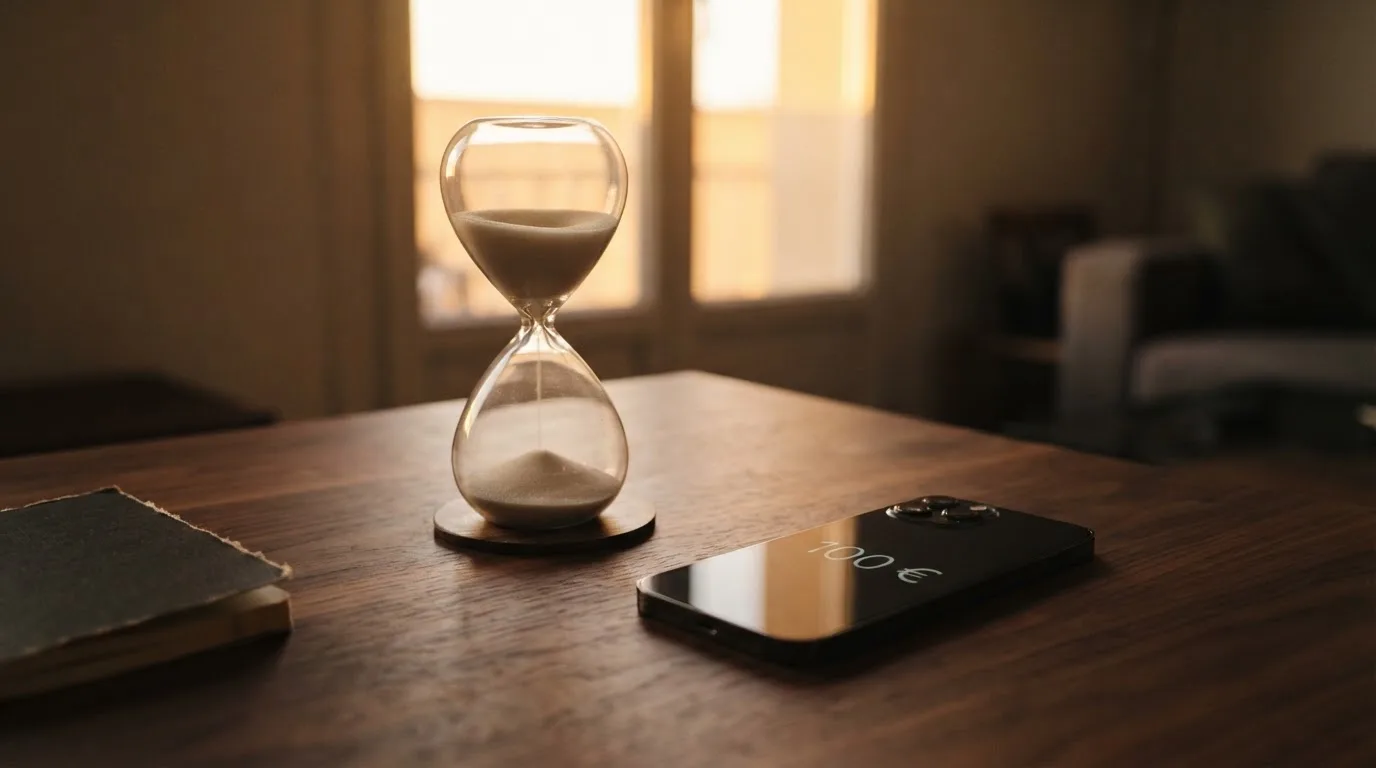 Eine Sanduhr steht auf einem Holztisch, daneben liegt ein Smartphone mit dunklem Display, im Hintergrund ein Fenster mit Abendlicht.