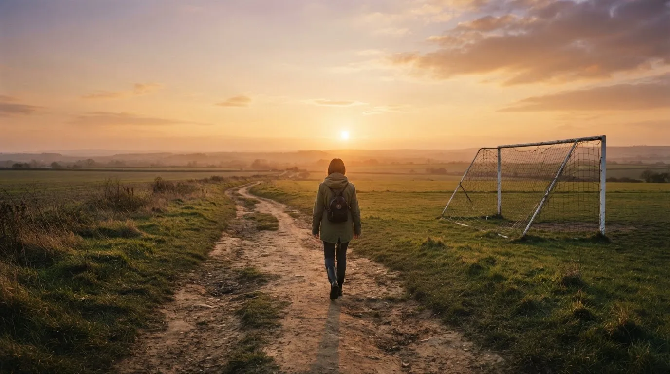 Eine Person läuft bei Sonnenuntergang allein auf einem Feldweg, im Hintergrund ein Fußballtor am Rand einer Wiese.