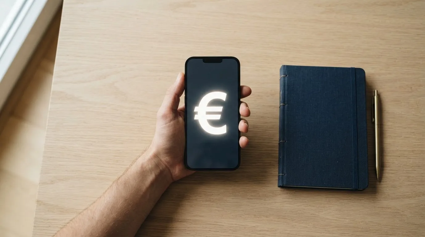 Eine Hand hält ein Smartphone über einem Tisch, auf dem Münzen und ein leerer Notizblock liegen, der Bildschirm ist abgewandt.