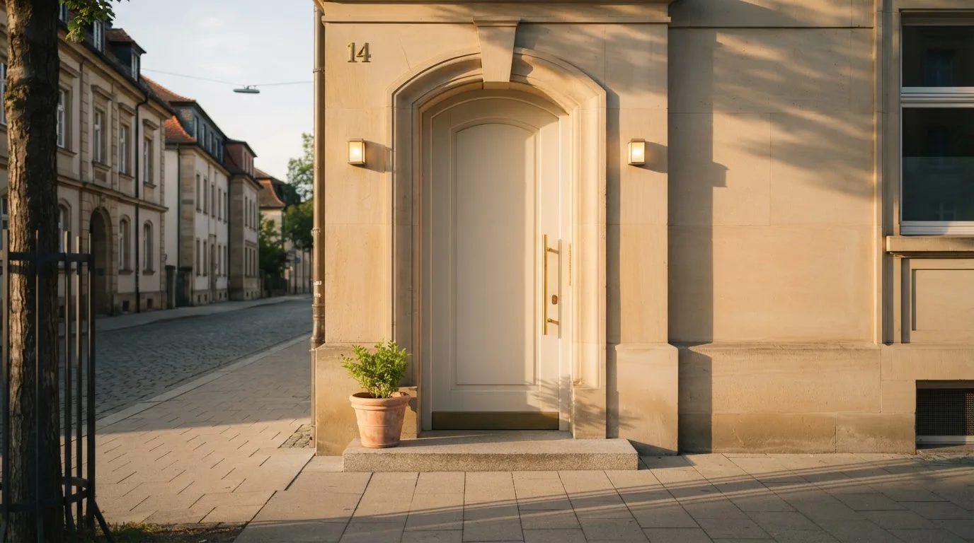 Eine Eingangstür aus hellem Stein mit Messinggriff im Morgenlicht, daneben ein schlichter Blumentopf, kein Schild zu erkennen.