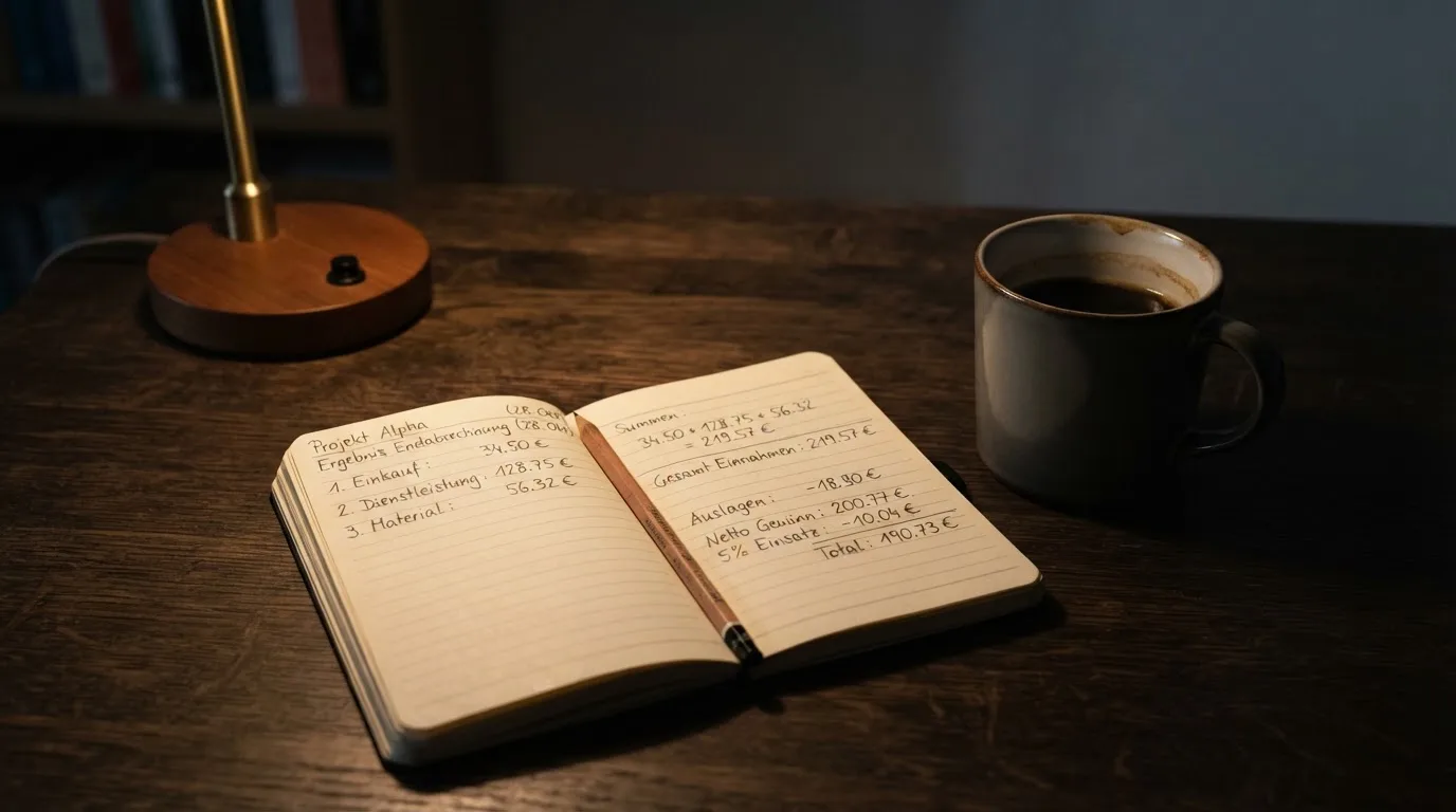 Ein Taschenrechner und ein Bleistift liegen auf einem Schreibtisch neben einer Tasse Kaffee im Licht einer Lampe.