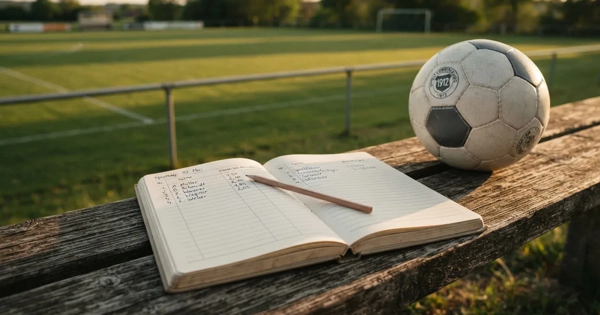 Ein Notizbuch mit handschriftlichen Zahlenkolonnen und ein Bleistift liegen neben einem Fußball auf einer Holzbank.