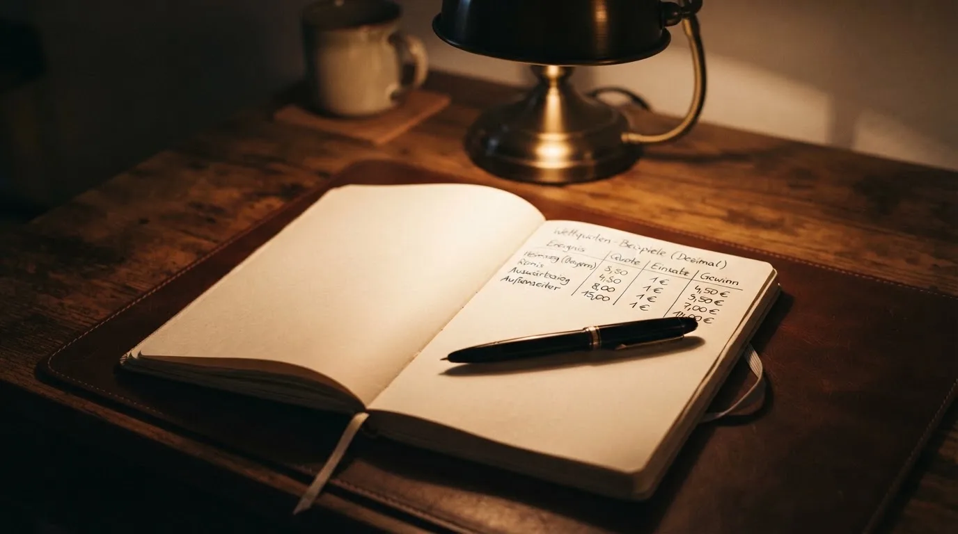 Ein Taschenrechner und ein aufgeschlagenes Notizbuch mit handschriftlichen Zahlenreihen liegen unter einer Schreibtischlampe.