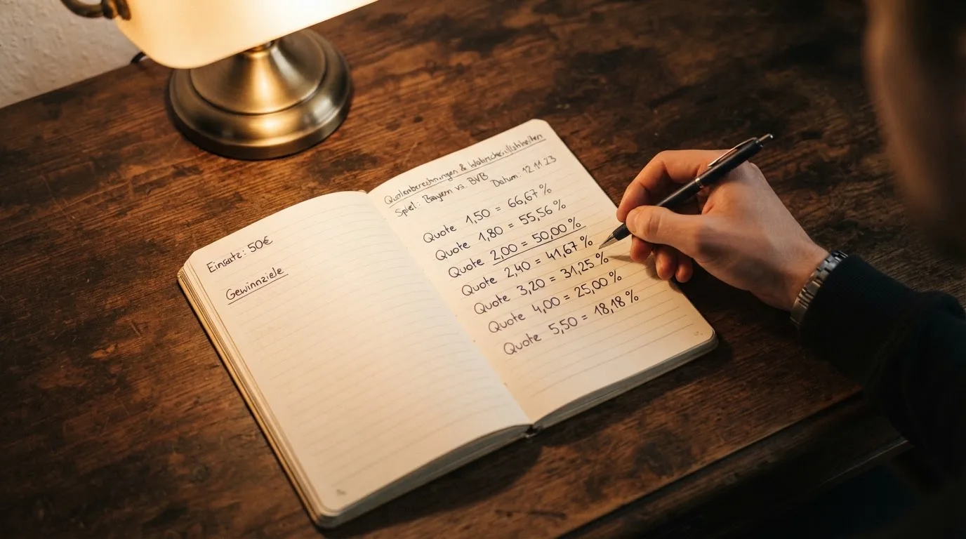 Ein Taschenrechner und ein aufgeschlagenes Notizbuch mit handschriftlichen Zahlenreihen liegen unter einer Schreibtischlampe.