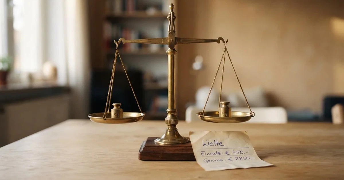 Eine Balkenwaage aus Messing steht im Gleichgewicht auf einem hellen Tisch, links und rechts je eine Münze, dahinter eine unscharfe Wand.