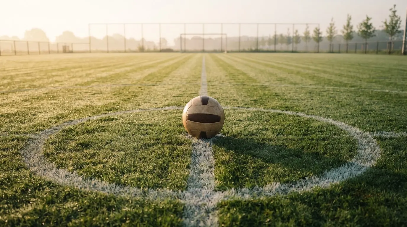 Ein Fußball liegt allein auf dem Anstoßpunkt eines leeren Rasenplatzes im Morgenlicht, am Rand ein niedriger Zaun.