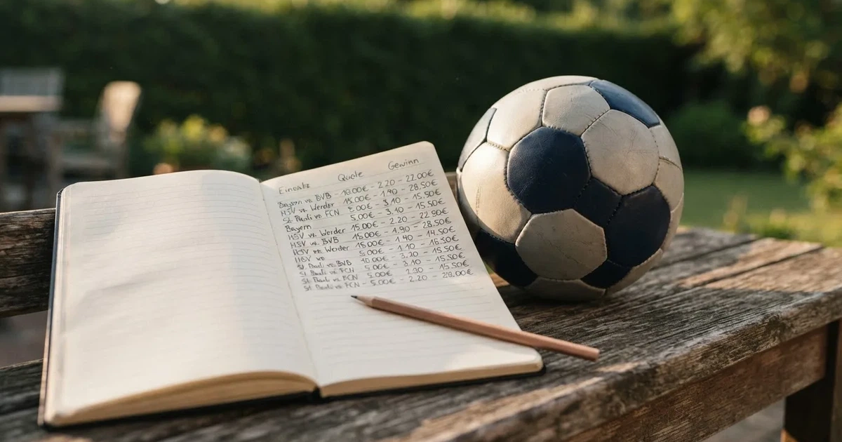 Ein Notizbuch mit handschriftlichen Zahlenkolonnen und ein Bleistift liegen neben einem Fußball auf einer Holzbank.
