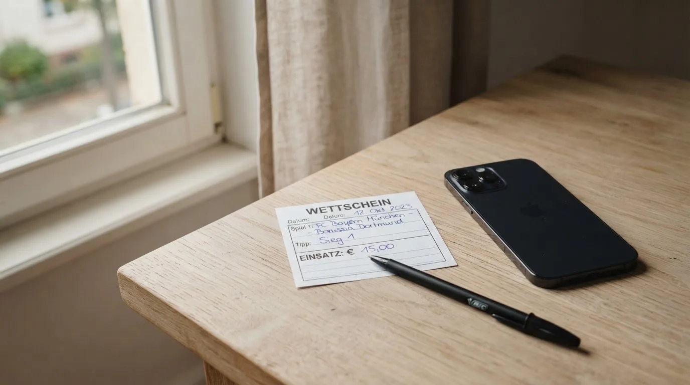 Ein leerer Papier-Wettschein und ein Kugelschreiber liegen neben einem Smartphone mit dunklem Display auf einem Tisch am Fenster.