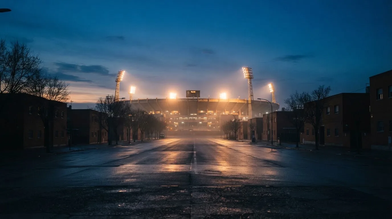 Ein Stadion unter Flutlicht aus der Ferne gesehen, davor eine leere Straße in der Abenddämmerung mit leichtem Dunst.