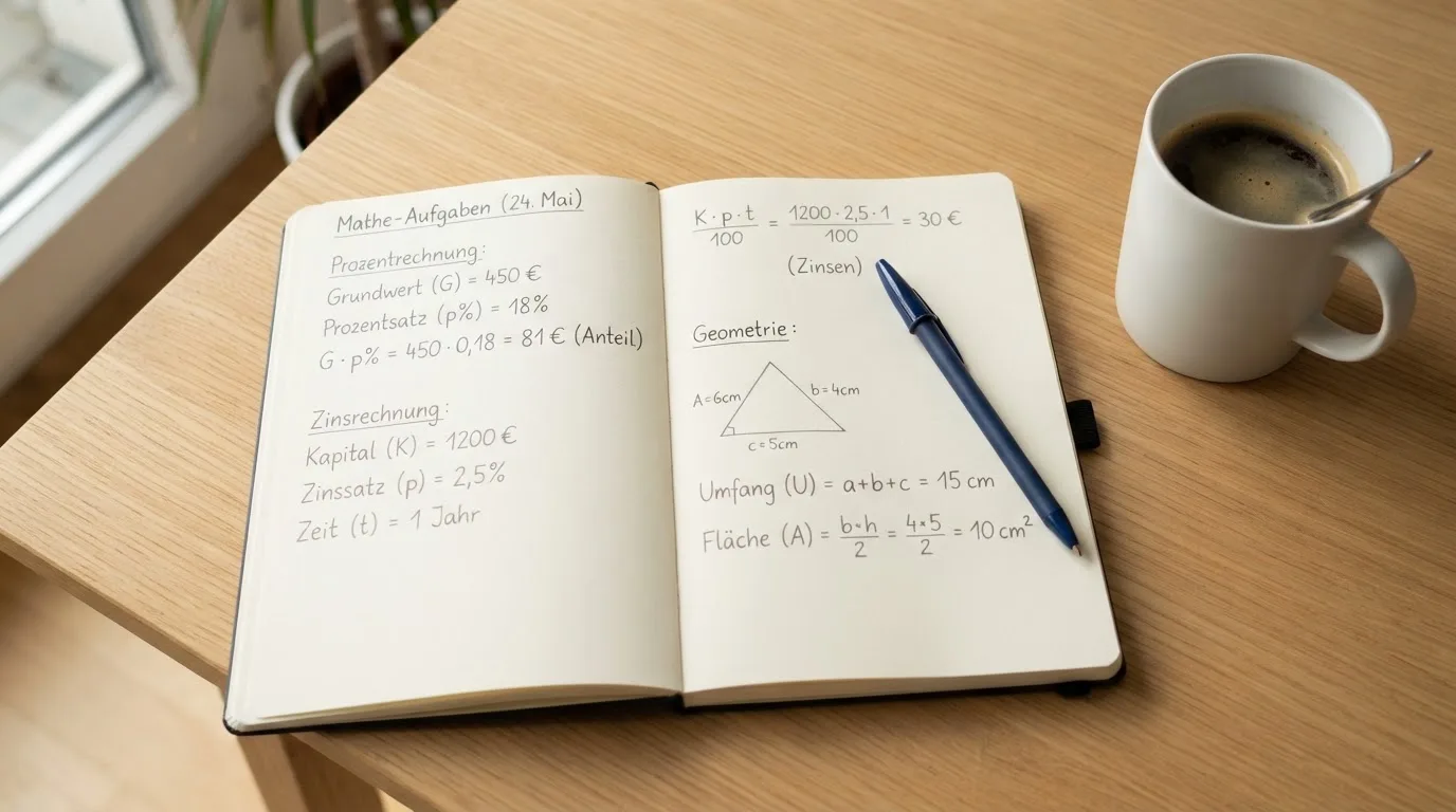 Ein Notizbuch mit handschriftlichen Rechnungen und ein Taschenrechner liegen auf einem hellen Schreibtisch neben einer Kaffeetasse.