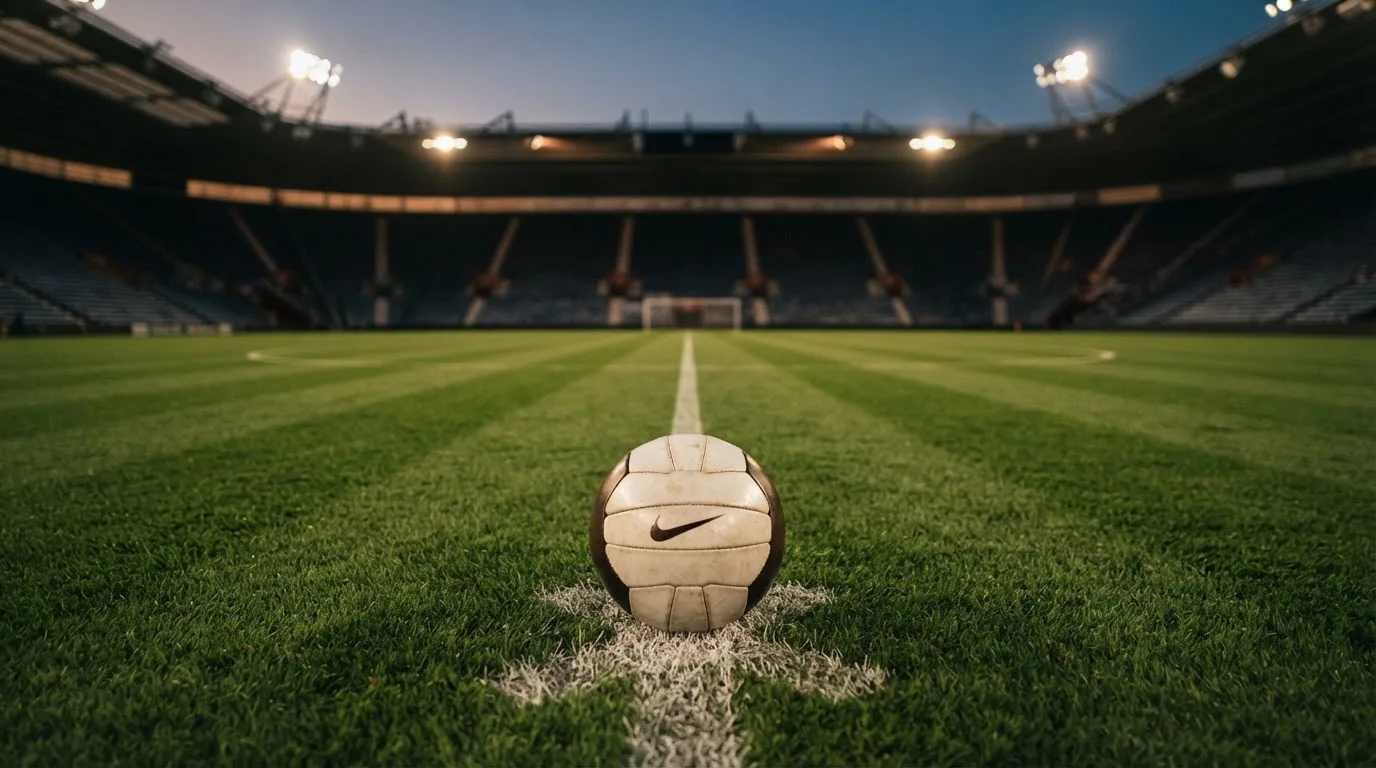 Ein Fußball liegt auf dem Anstoßpunkt eines leeren Rasenplatzes, dahinter ragen dunkle Ränge in den Abendhimmel.