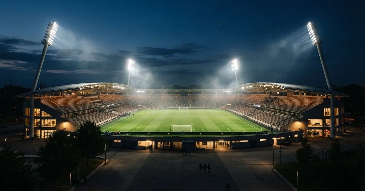 Ein Fußballstadion am Abend unter Flutlicht aus der Ferne gesehen, die Tribünen sind leicht beleuchtet und der Himmel dunkelblau.