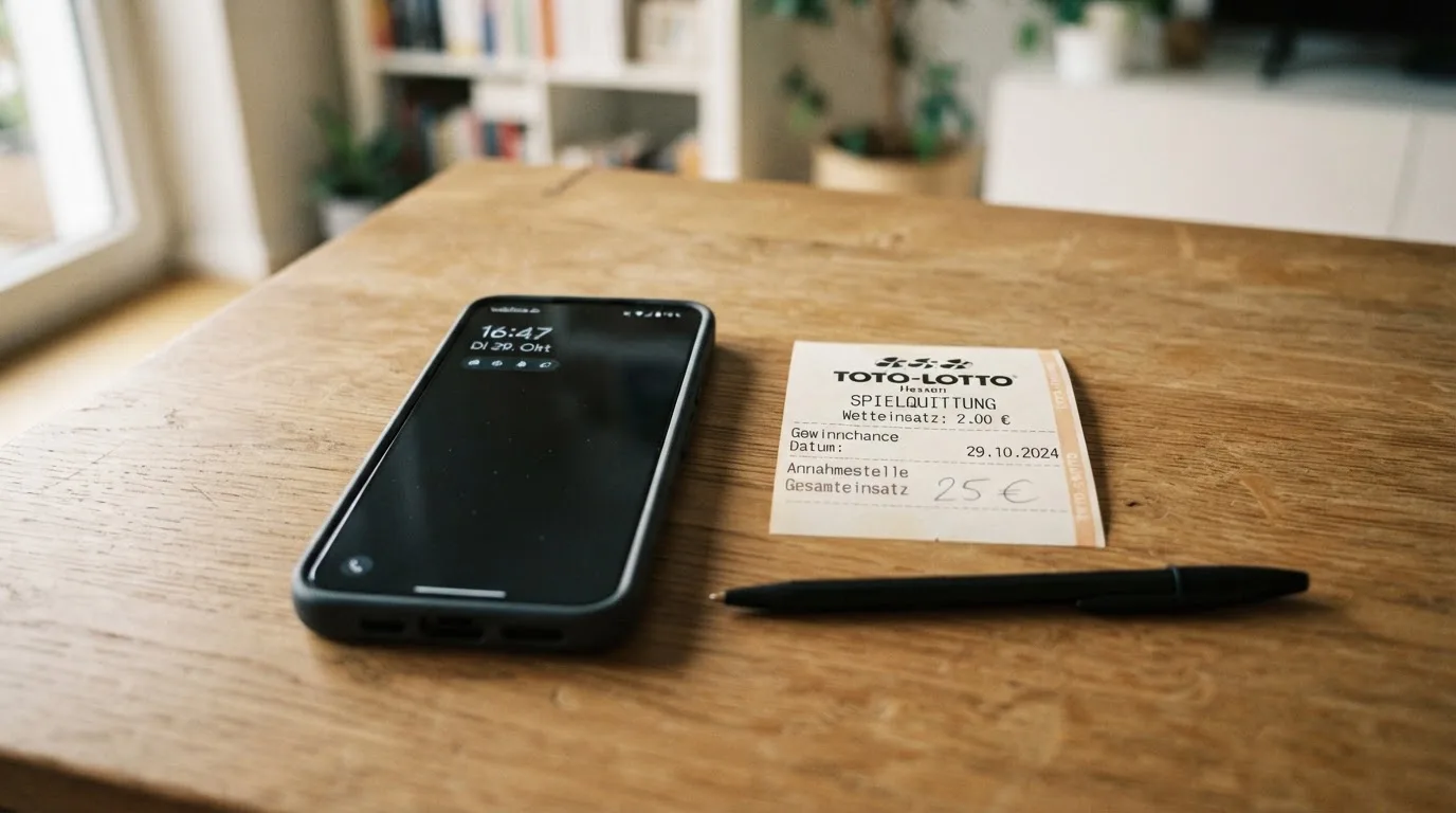 Ein Smartphone mit dunklem Display liegt neben einem leeren Papier-Wettschein und einem Stift auf einem Holztisch.