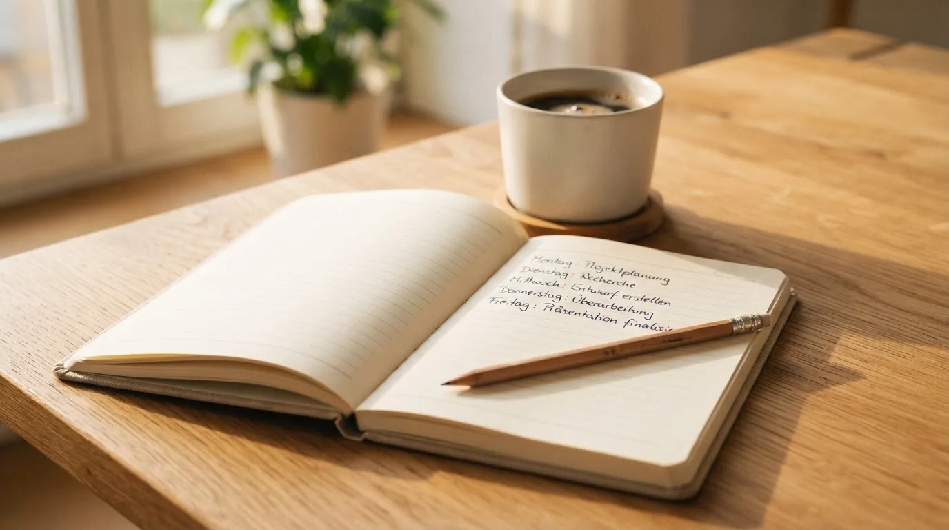 Ein Notizbuch mit handschriftlichen Notizen und einem Bleistift liegt auf einem Tisch, daneben steht eine Kaffeetasse im Morgenlicht.
