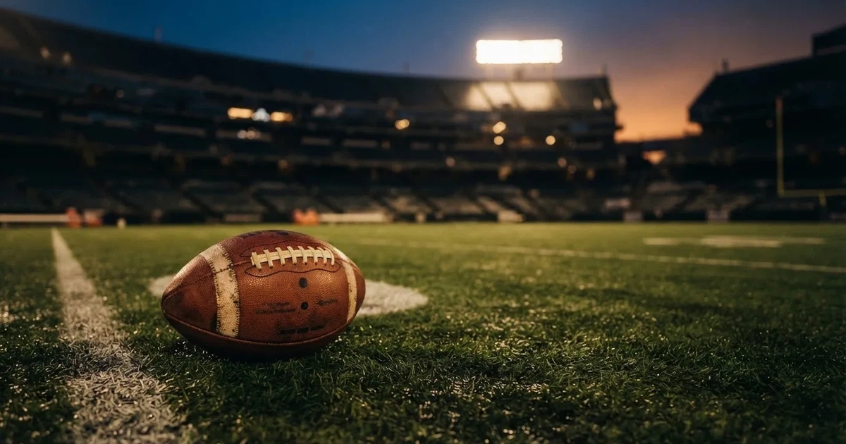 Ein American-Football-Ball liegt auf einem Rasenplatz unter Flutlicht, im Hintergrund eine große Tribüne in der Dämmerung.