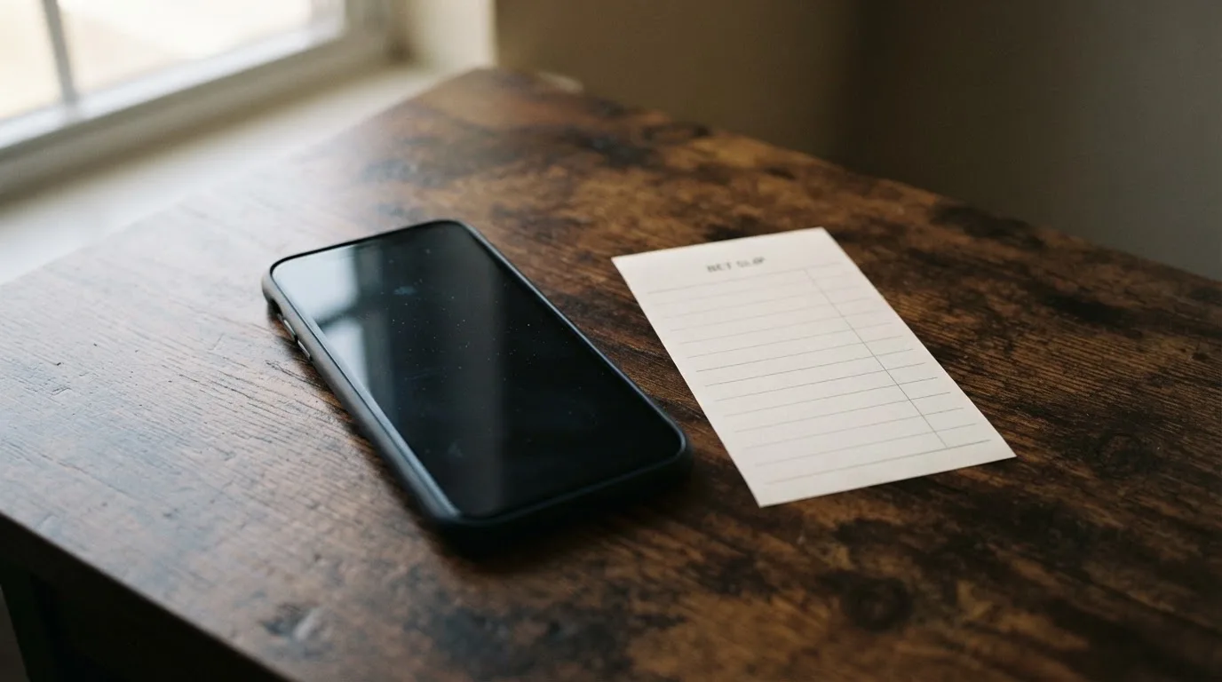 Ein Smartphone liegt mit dunklem Display auf einem Holztisch neben einem leeren Papier-Wettschein, Licht fällt von einem Fenster.