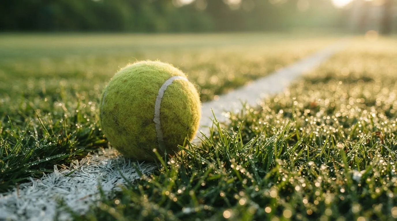 Ein Tennisball liegt auf frisch gemähtem Gras neben einer weißen Linie, Tautropfen glänzen im Gegenlicht.