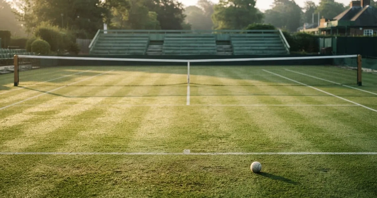 Ein Tennisplatz mit Rasenbelag im Morgenlicht, Netz und weiße Linien, im Hintergrund eine ruhige Tribüne.
