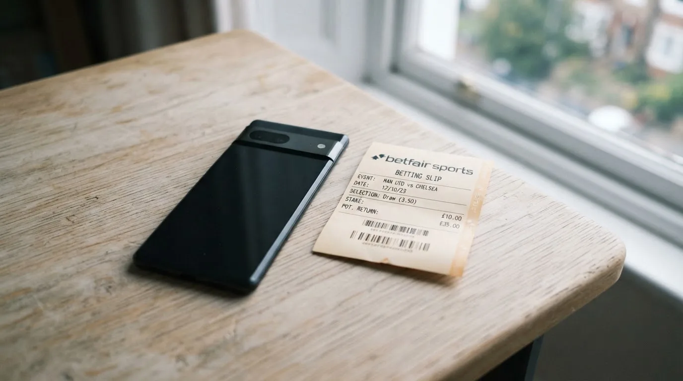 Ein Smartphone mit dunklem Display liegt neben einem leeren Papier-Wettschein auf einem Tisch am Fenster.