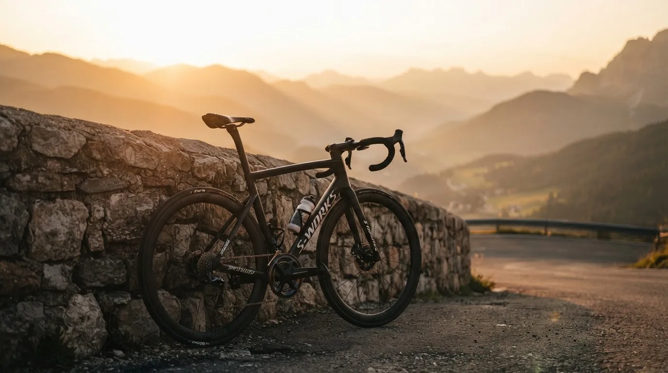 Ein Rennrad lehnt an einer Steinmauer in einer Bergkurve, im Hintergrund eine weite Hügellandschaft im Gegenlicht.