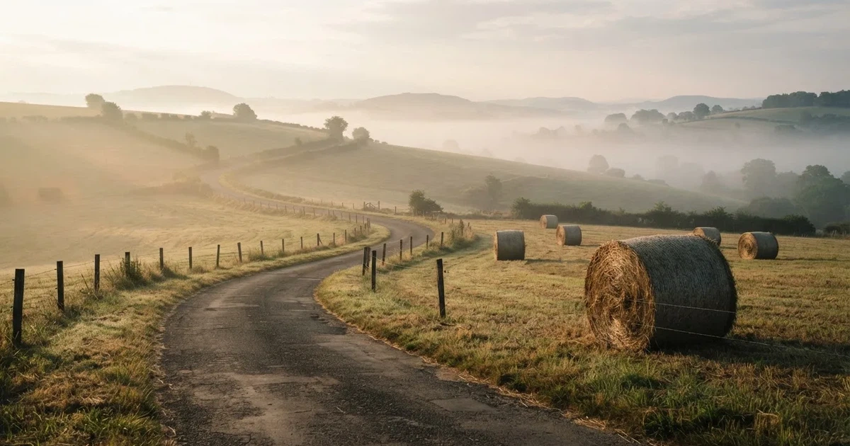 Eine Landstraße schlängelt sich durch Hügel im Morgennebel, am Straßenrand liegen Heuballen auf einem abgemähten Feld.