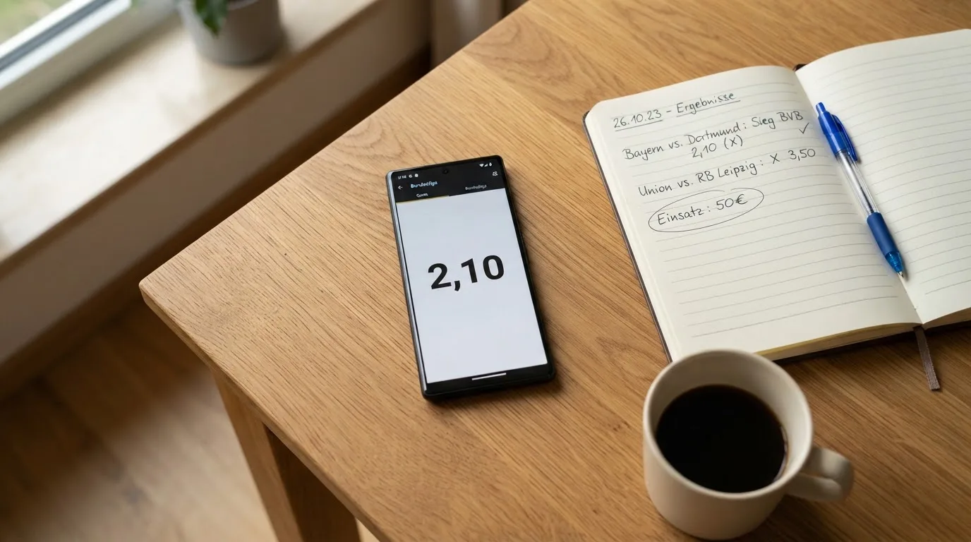 Ein Smartphone liegt auf einem Tisch neben einem Notizbuch mit handschriftlichen Notizen und einer Tasse Kaffee.