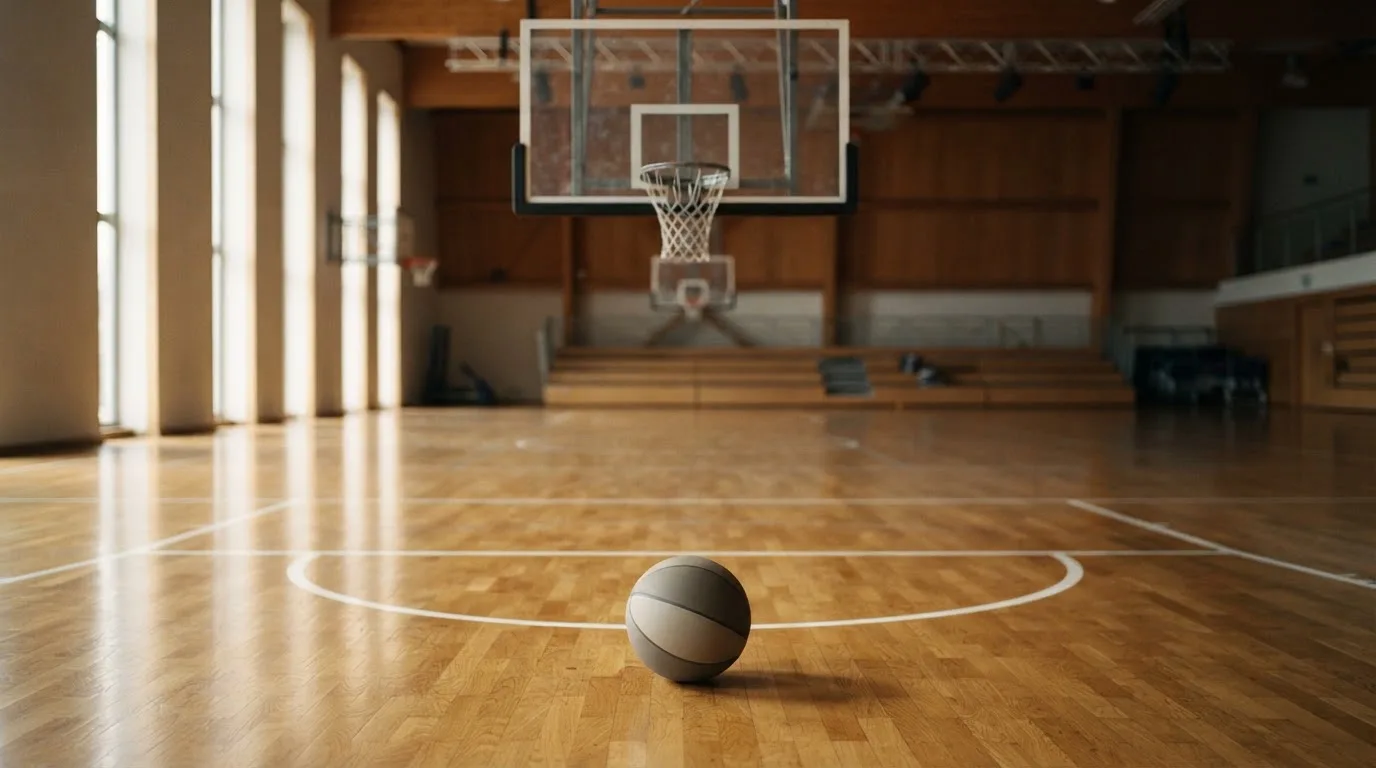 Ein Basketballkorb in einer leeren Halle, der Ball liegt unter dem Brett auf dem Parkett.