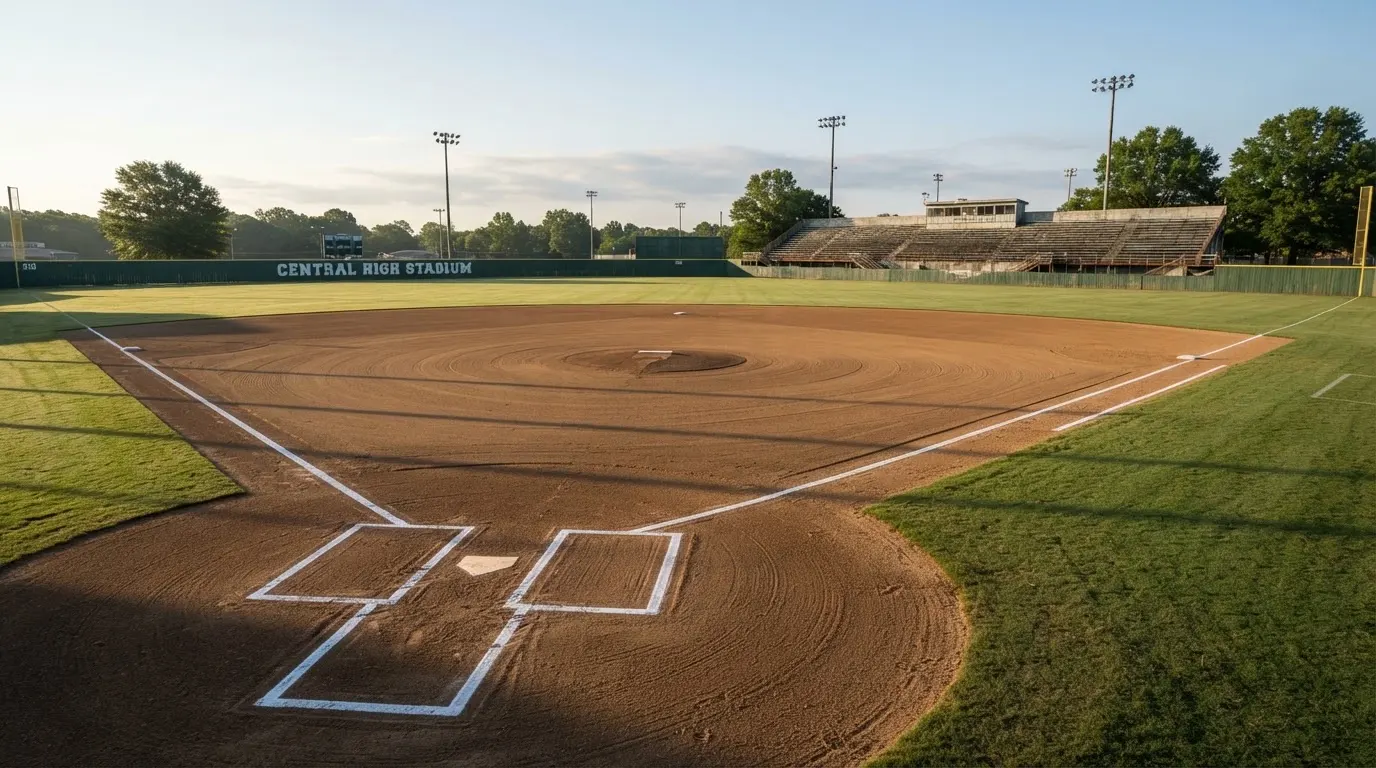 Ein Baseballfeld mit leerem Infield im Morgenlicht, die Linien frisch gezogen, keine Spieler im Bild.