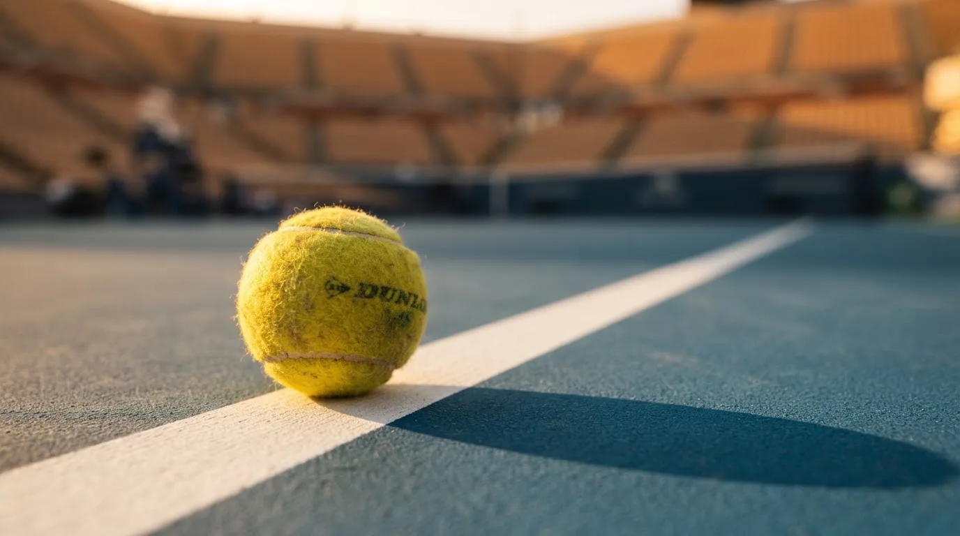 Ein Tennisball liegt in Nahaufnahme auf einer Grundlinie, dahinter verschwimmt ein leerer Platz in warmem Licht.