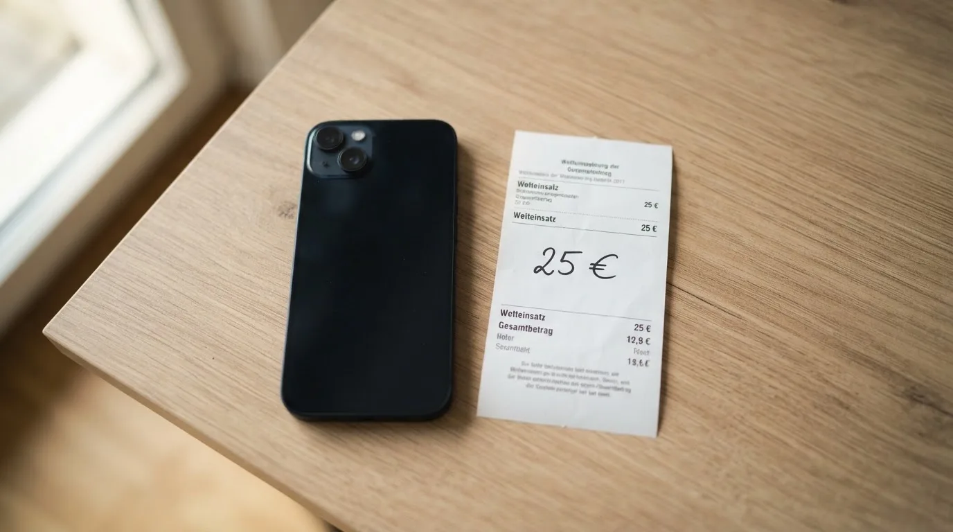 Ein Smartphone mit dunklem Display liegt neben einem leeren Papier-Wettschein auf einem Tisch, Licht fällt von der Seite.