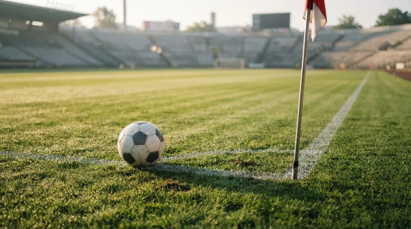 Ein Fußball liegt auf Rasen neben einer Eckfahne ohne Aufdruck auf einem leeren Platz im Morgenlicht.