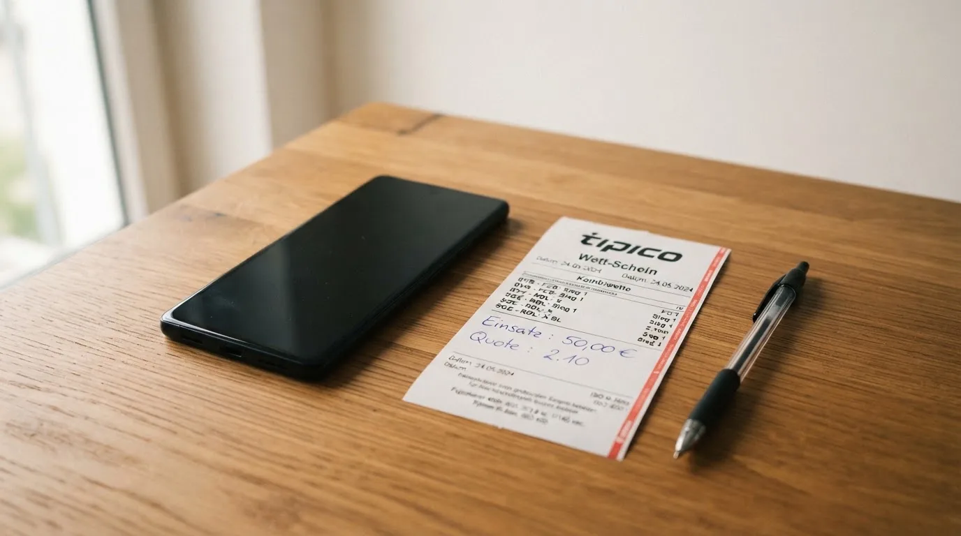 Ein Smartphone liegt mit dunklem Display neben einem leeren Papier-Wettschein und einem Stift auf einem Holztisch.