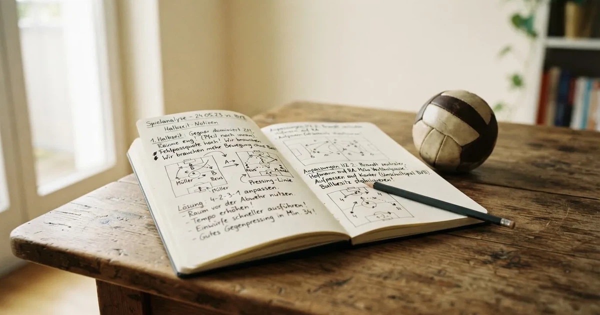 Ein Notizbuch mit handschriftlichen Notizen und einem Bleistift liegt auf einem Holztisch, daneben ein kleiner Fußball im Tageslicht.