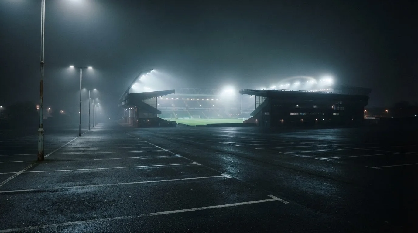 Ein Stadion unter Flutlicht aus der Ferne gesehen, davor ein stiller Parkplatz bei Nebel.