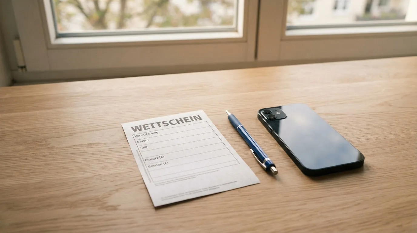 Ein leerer Papier-Wettschein und ein Kugelschreiber liegen neben einem Smartphone mit dunklem Display auf einem Schreibtisch am Fenster.